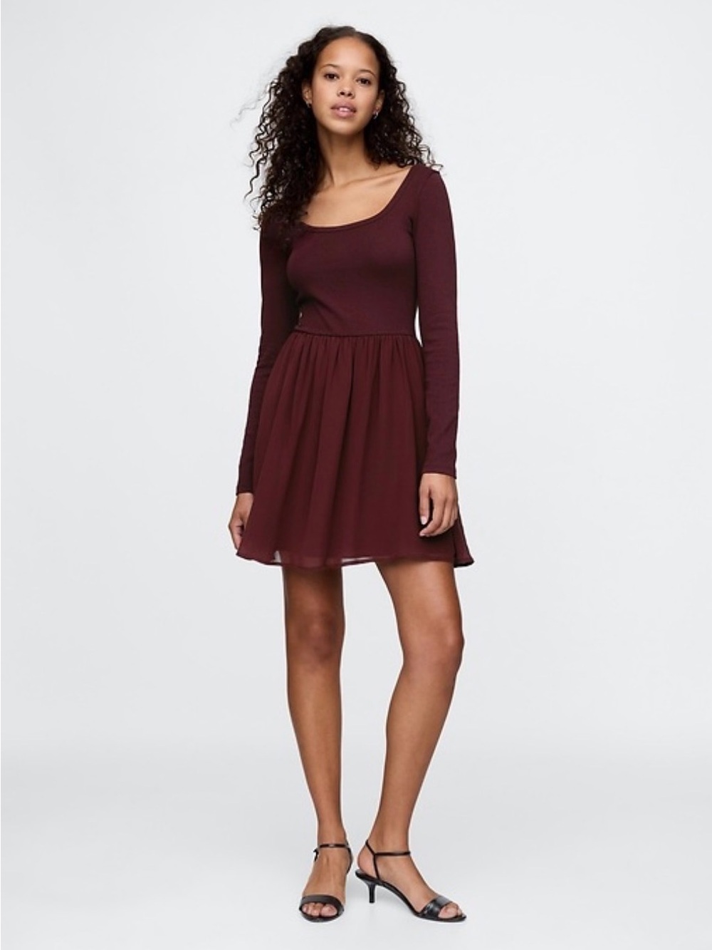 GAP Long-Sleeve Scoop Neck Burgundy Mixed Media Mini Dress Ballet Skater